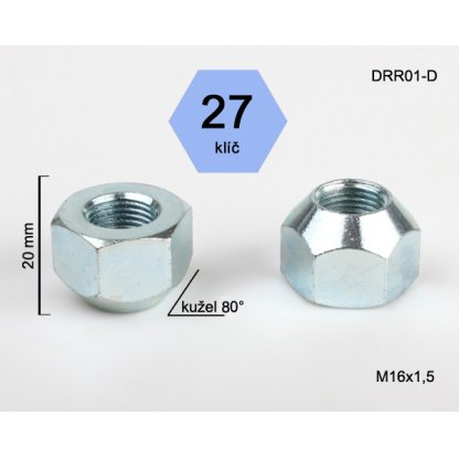 Kolová matice M16x1,5 kužel otevřená Range Rover, klíč 27 (DRR01-D) výška 20mm
