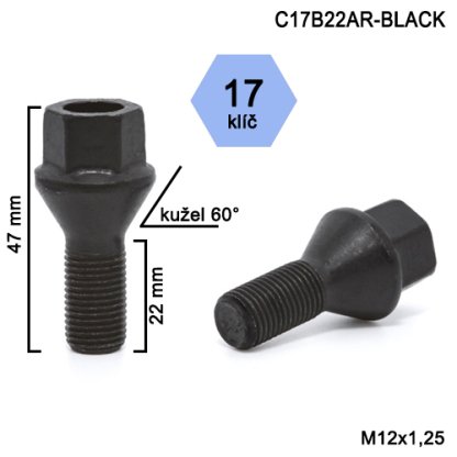 Kolový šroub M12x1,25x22 kužel, klíč 17 (C17B22AR-BLACK)(A3C3/S) výška 47 mm