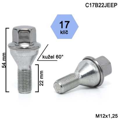 Kolový šroub M12x1,25x22 kužel, klíč 17 (C17B22JEEP)(A1C1/S) nerez krytka, výška 54 mm
