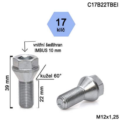 Kolový šroub M12x1,25x22 kužel s krátkou hlavou, klíč 17 (C17B22TBEI) výška 39 mm