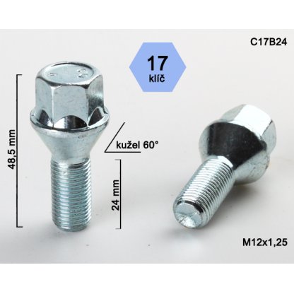 Kolový šroub M12x1,25x24 kužel, klíč 17 (C17B24) výška 48,5mm