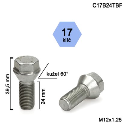 Kolový šroub M12x1,25x24 kužel s krátkou hlavou, klíč 17 (C17B24TBF) výška 39,5mm