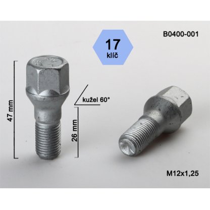 Kolový šroub M12x1,25x26 kužel, klíč 17 (B0400-001) výška 47mm