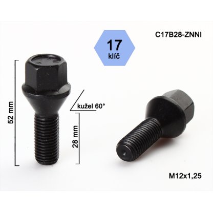 Kolový šroub M12x1,25x28 kužel, klíč 17 (C17B28-BLACK) černý, výška 52mm