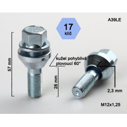 Kolový šroub M12x1,25x28 kužel plovoucí pro změnu rozteče, klíč 17 (A39LE) výška 57mm