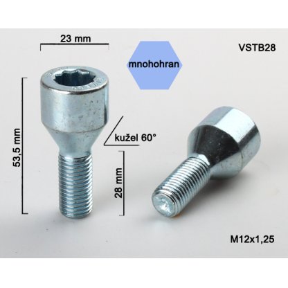 Kolový šroub M12x1,25x28 kužel s vnitřním mnohohranem (VSTB28) prům.hlavy 23mm výška 53,5
