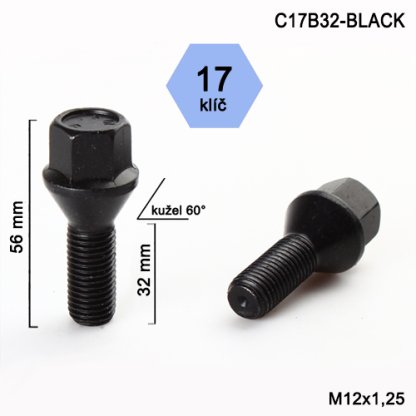 Kolový šroub M12x1,25x32 kužel, klíč 17 (C17B32-BLACK) výška 56mm
