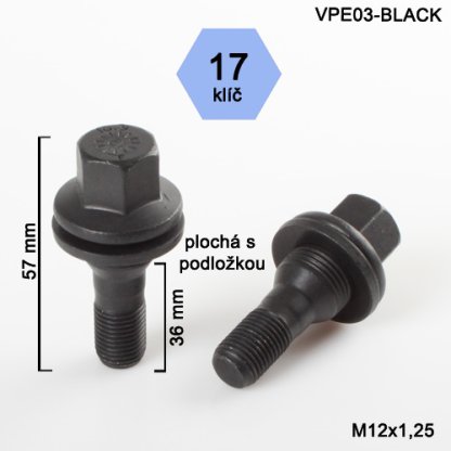 Kolový šroub M12x1,25x36 s plochou podložkou, Peugeot, klíč 17 (VPE03-BLACK) výška 57mm