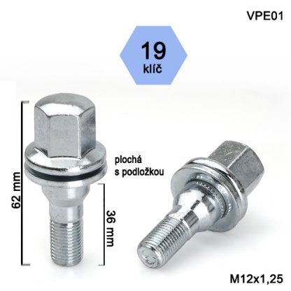 Kolový šroub M12x1,25x36 s plochou podložkou, Peugeot, klíč 19 (VPE01) výška 62mm