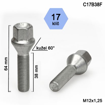 Kolový šroub M12x1,25x38 kužel, klíč 17 (C17B38F) výška 64mm