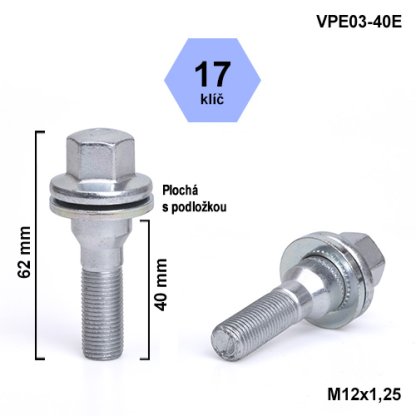 Kolový šroub M12x1,25x40 s plochou podložkou, klíč 17 (VPE03-40E) výška 62mm
