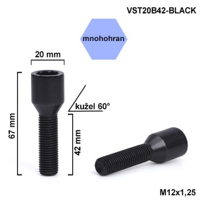 Kolový šroub M12x1,25x42 kužel s vnitřním mnohohranem (VST20B42-BLACK) hlava 20mm výška 68