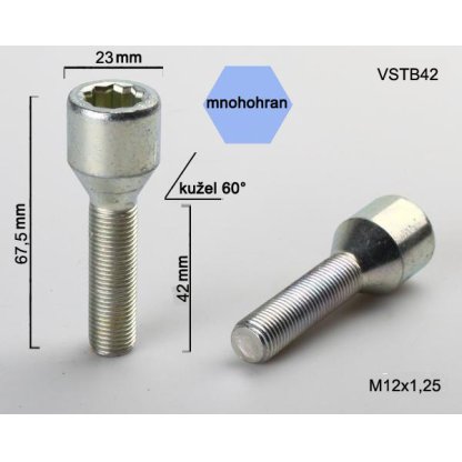 Kolový šroub M12x1,25x42 kužel s vnitřním mnohohranem (VSTB42) prům.hlavy 23mm výška 67,5