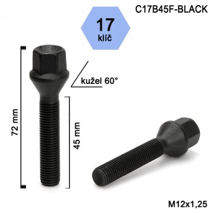 Kolový šroub M12x1,25x45 kužel, klíč 17 (C17B45F-BLACK), černý, výška 72mm