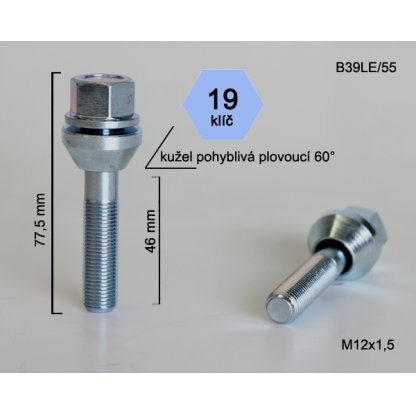 Kolový šroub M12x1,25x46 kužel plovoucí pro změnu roteče, klíč 19 (B39LE/55) výška 77,5mm
