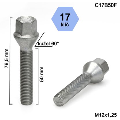 Kolový šroub M12x1,25x50 kužel, klíč 17 (C17B50F) výška 76,5mm