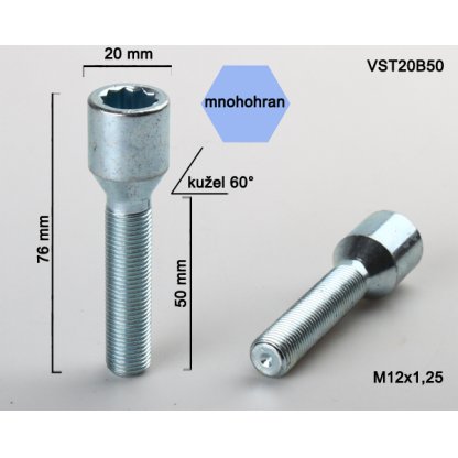 Kolový šroub M12x1,25x50 kužel s vnitřním mnohohranem (VST20B50) prům.hlavy 20mm, výška 76
