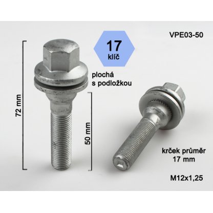 Kolový šroub M12x1,25x50 s plochou podložkou, klíč 17 (VPE03-50) výška 72mm