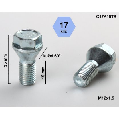 Kolový šroub M12x1,5x19 kužel s krátkou hlavou, klíč 17 (C17A19TB) výška 35mm