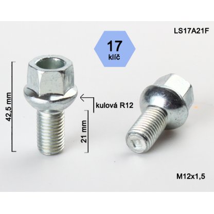 Kolový šroub M12x1,5x21 kulová R12, klíč 17 (LS17A21FR12); výška 42,5mm