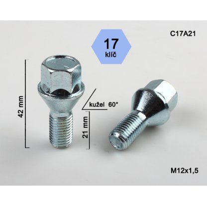 Kolový šroub M12x1,5x21 kužel, klíč 17 (C17A21), výška 42mm