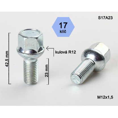 Kolový šroub M12x1,5x23 kulová R12, klíč 17 (S17A23R12); výška 42,5mm