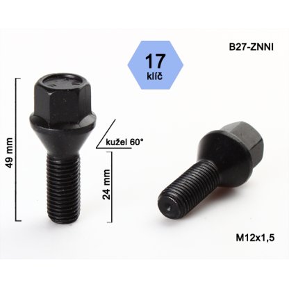 Kolový šroub M12x1,5x24 kužel, klíč 17 (C17A24/B27-BLACK) černý, výška 49mm