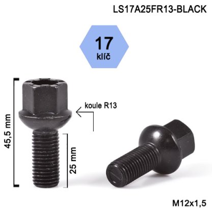 Kolový šroub M12x1,5x25 kulová R13, klíč 17 (LS17A25FR13-BLACK) černá, výška 45,5mm