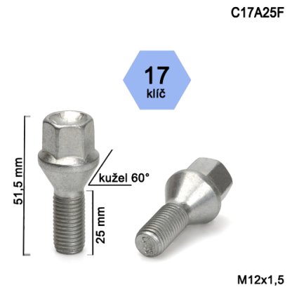 Kolový šroub M12x1,5x25 kužel, klíč 17 (C17A25F) výška 51,5mm