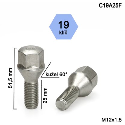 Kolový šroub M12x1,5x25 kužel, klíč 19 (C19A25F) výška 51,5mm