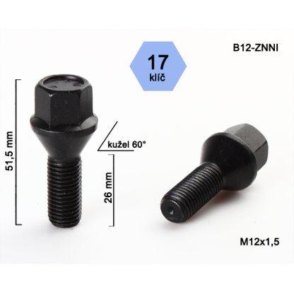 Kolový šroub M12x1,5x26 kužel, klíč 17 (C17A26/B12-BLACK) černý, výška 51,5mm