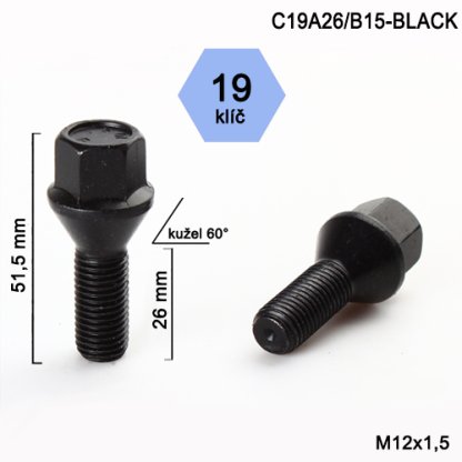 Kolový šroub M12x1,5x26 kužel, klíč 19 (C19A26/B15-BLACK) černý, výška 51,5mm