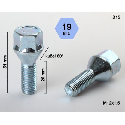 Kolový šroub M12x1,5x26 kužel, klíč 19 (C19A26/B15) výška 51,5mm
