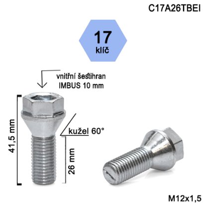 Kolový šroub M12x1,5x26 kužel s krátkou hlavou, klíč 17 (C17A26TBEI) výška 41,5mm