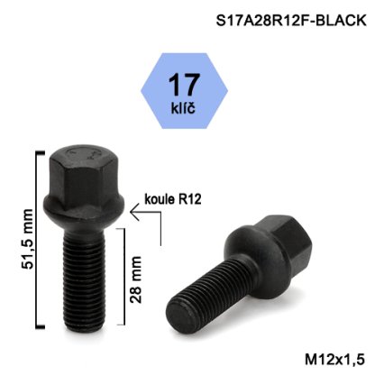 Kolový šroub M12x1,5x28 kulová R12, klíč 17 (S17A28R12F-BLACK) černý, výška 51,5mm