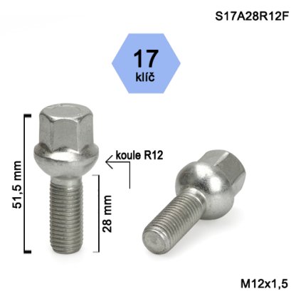 Kolový šroub M12x1,5x28 kulová R12, klíč 17 (S17A28R12F); výška 51,5mm