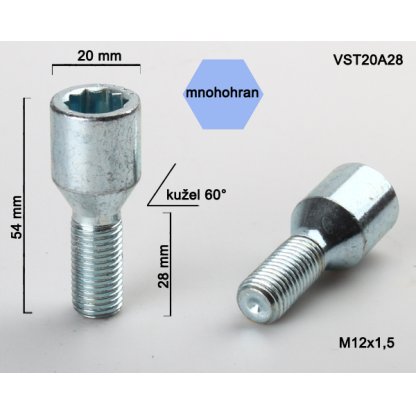Kolový šroub M12x1,5x28 kužel s vnitřním mnohohranem, (VST20A28) prům.hlavy 20mm, výška 54