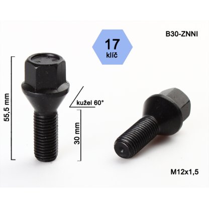 Kolový šroub M12x1,5x30 kužel, klíč 17 (C17A30/B30-BLACK) černý, výška 55,5mm