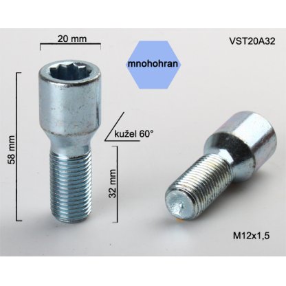 Kolový šroub M12x1,5x32 kužel s vnitřním mnohohranem (VST20A32) prům. hlavy 20mm, výška 58