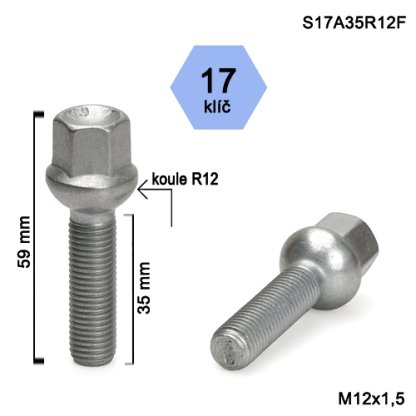 Kolový šroub M12x1,5x35 kulová R12, klíč 17 (S17A35R12F); výška 59mm