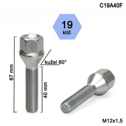 Kolový šroub M12x1,5x40 kužel, klíč 19 (C19A40F)(SFB27/S) výška 67mm