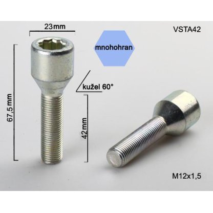 Kolový šroub M12x1,5x42 kužel s vnitřním mnohohranem (VSTA42) prům. hlavy 23mm, výška 67,5