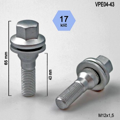 Kolový šroub M12x1,5x43 s plochou podložkou, klíč 17 (VPE04-43) výška 65mm
