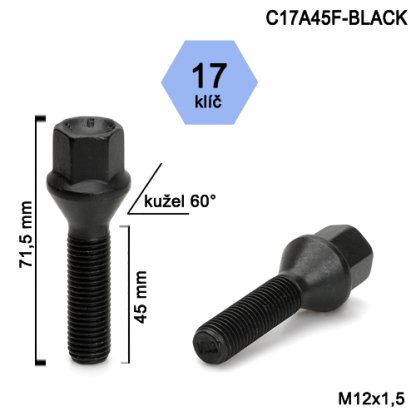 Kolový šroub M12x1,5x45 kužel, klíč 17 (C17A45F-BLACK)(SA2B18/S BLK) černý, výška 71,5mm