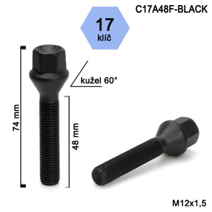 Kolový šroub M12x1,5x48 kužel, klíč 17 (C17A48F-BLACK) (SA7B/S BLK) černý, výška 74mm