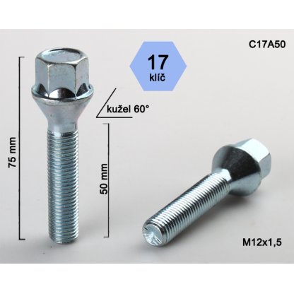 Kolový šroub M12x1,5x50 kužel, klíč 17 (C17A50) výška 75mm