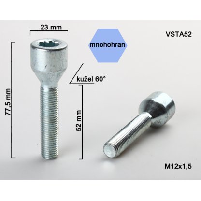 Kolový šroub M12x1,5x52 kužel s vnitřním mnohohranem (VSTA52) prům. hlavy 23mm, výška 77,5