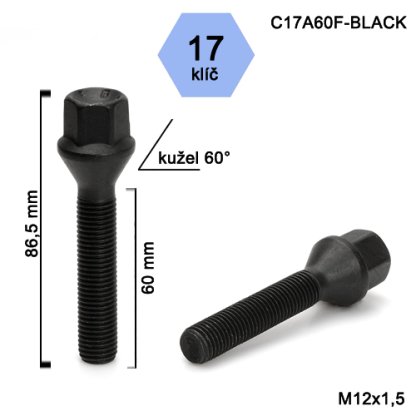Kolový šroub M12x1,5x60 kužel, klíč 17 (C17A60F-BLACK) černý, výška 86,5mm
