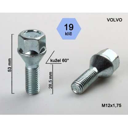Kolový šroub M12x1,75x28,5 kužel, klíč 19 (VOLVO) výška 53mm