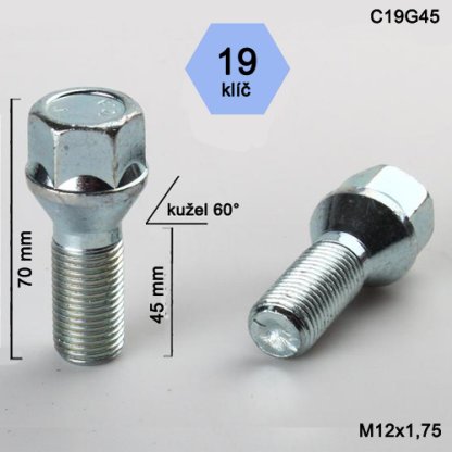 Kolový šroub M12x1,75x45 kužel, klíč 19 (C19G45) výška 70mm